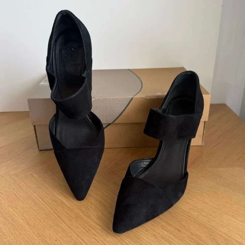 Tory Burch Saray Black Suede Pointed Toe Women Wedge Heel- SZ 10